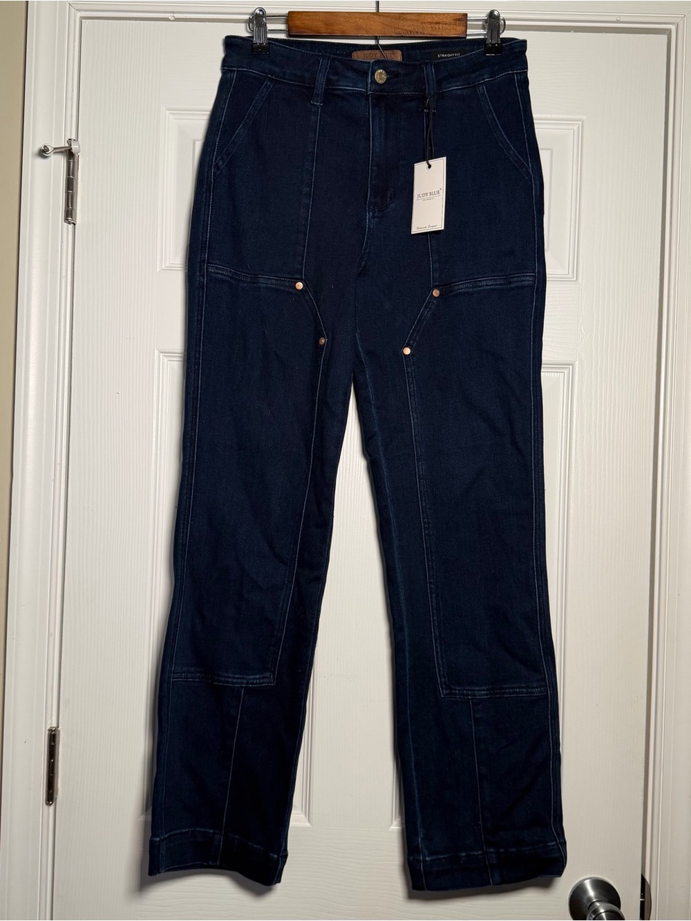 High Waisted Dark Blue Carpenter Patchwork Straight Leg Fall Boho Hippie Jeans